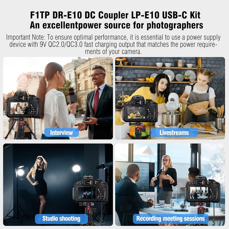 F1TP ACK-E10 LP-E10 EOS Rebel T7 Dummy Battery DR-E10 DC Coupler Kit with USB-C Cable for Canon EOS T7 T6 T5 T3, Kiss X50 X70 X80 X90, EOS 1100D 1200D 1300D 1500D 2000D Digital Camera (LP-E10) - Image 3